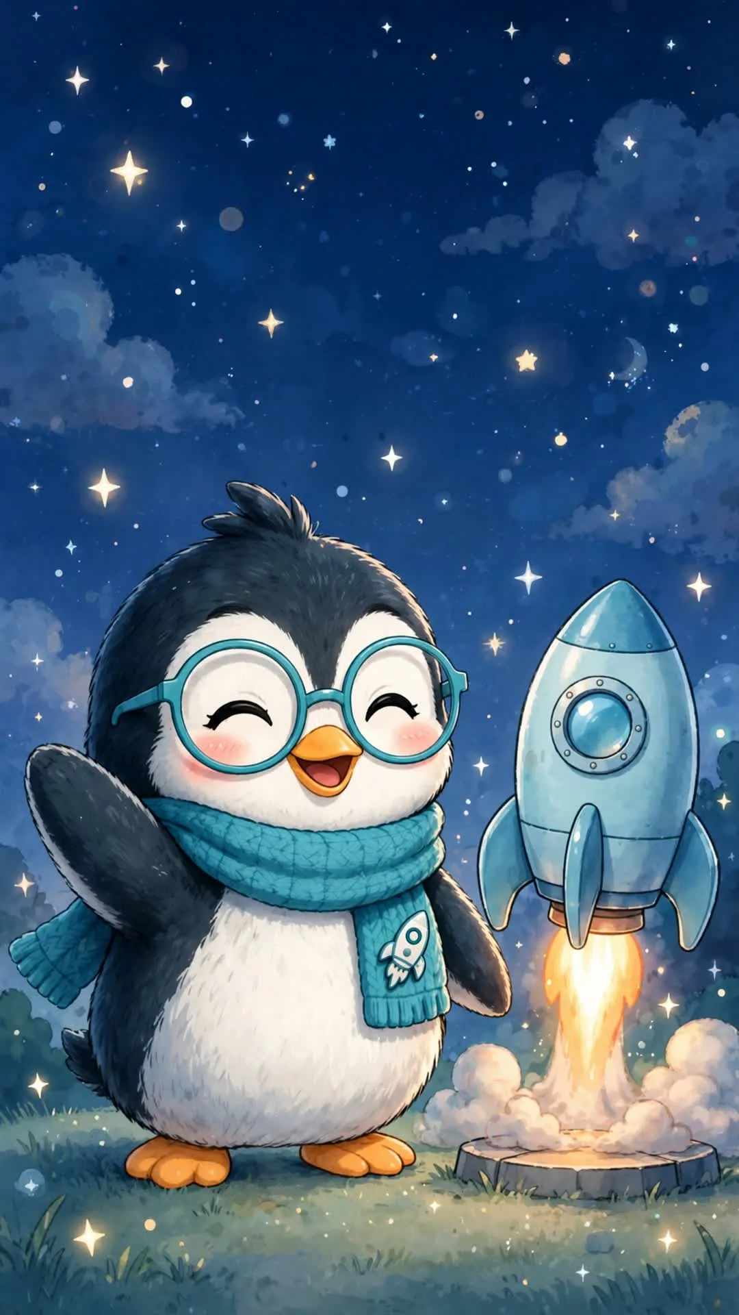 NÜA, pingüina con lentes y bufanda turquesa, junto a un cohete en un cielo estrellado